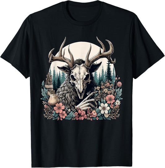 Floral Cryptid Wendigo Nature Forest T-Shirt - T-Shirt | Black