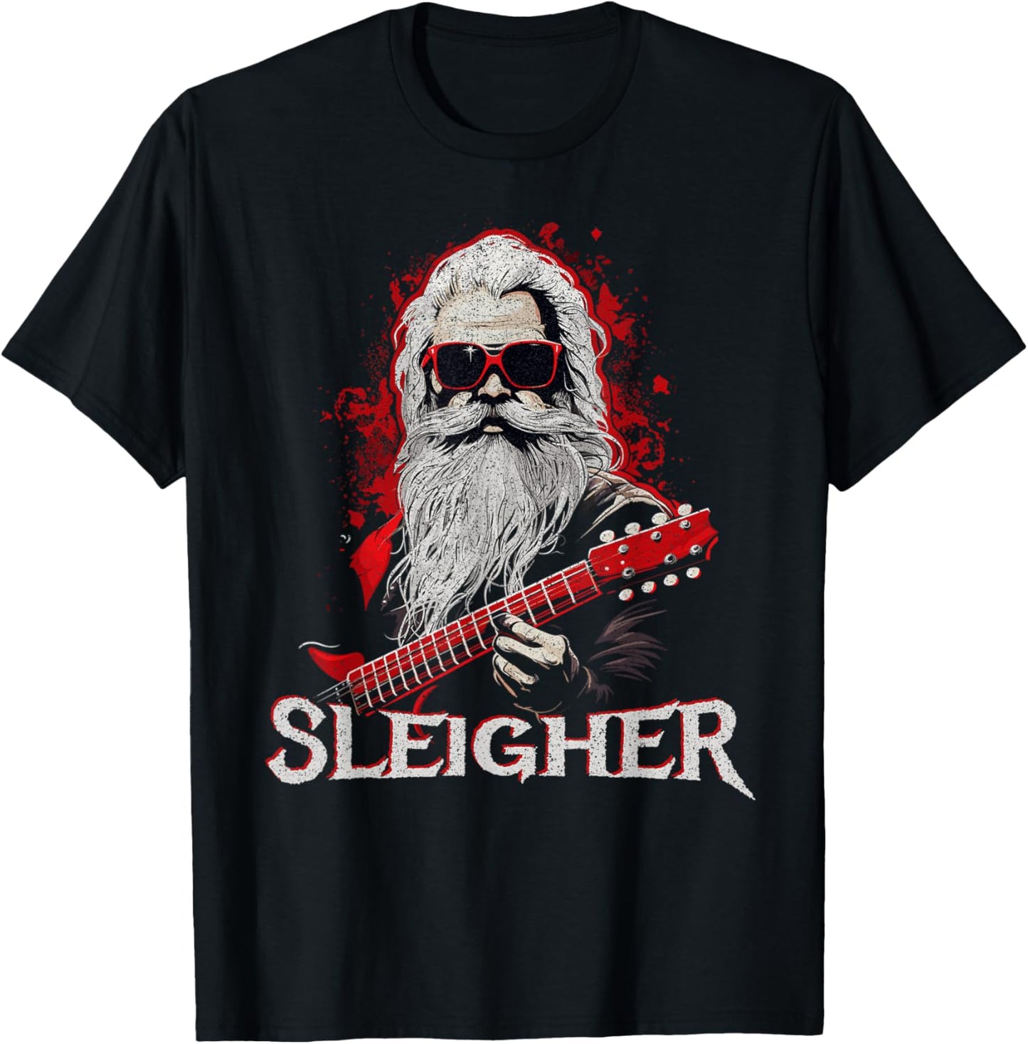 Funny Christmas Rocker Band Santa Playing Guitar Sleigher T-Shirt - T-Shirt | Black