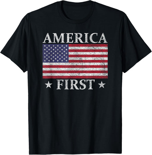 America First USA American Flag Patriot Stars and Stripes T-Shirt - T-Shirt | Black
