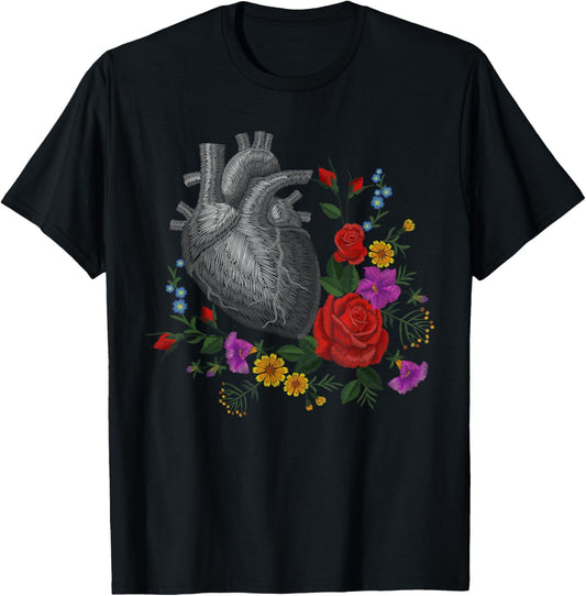 Anatomical Heart And Flowers Funny Men Women Cardiologist T-Shirt - T-Shirt | Black