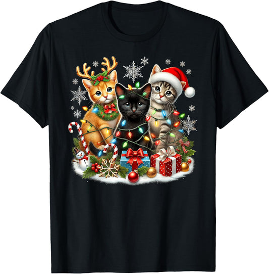 Merry Christmas Baby Cats Presents Snowflake Santa Claus T-Shirt - T-Shirt | Black
