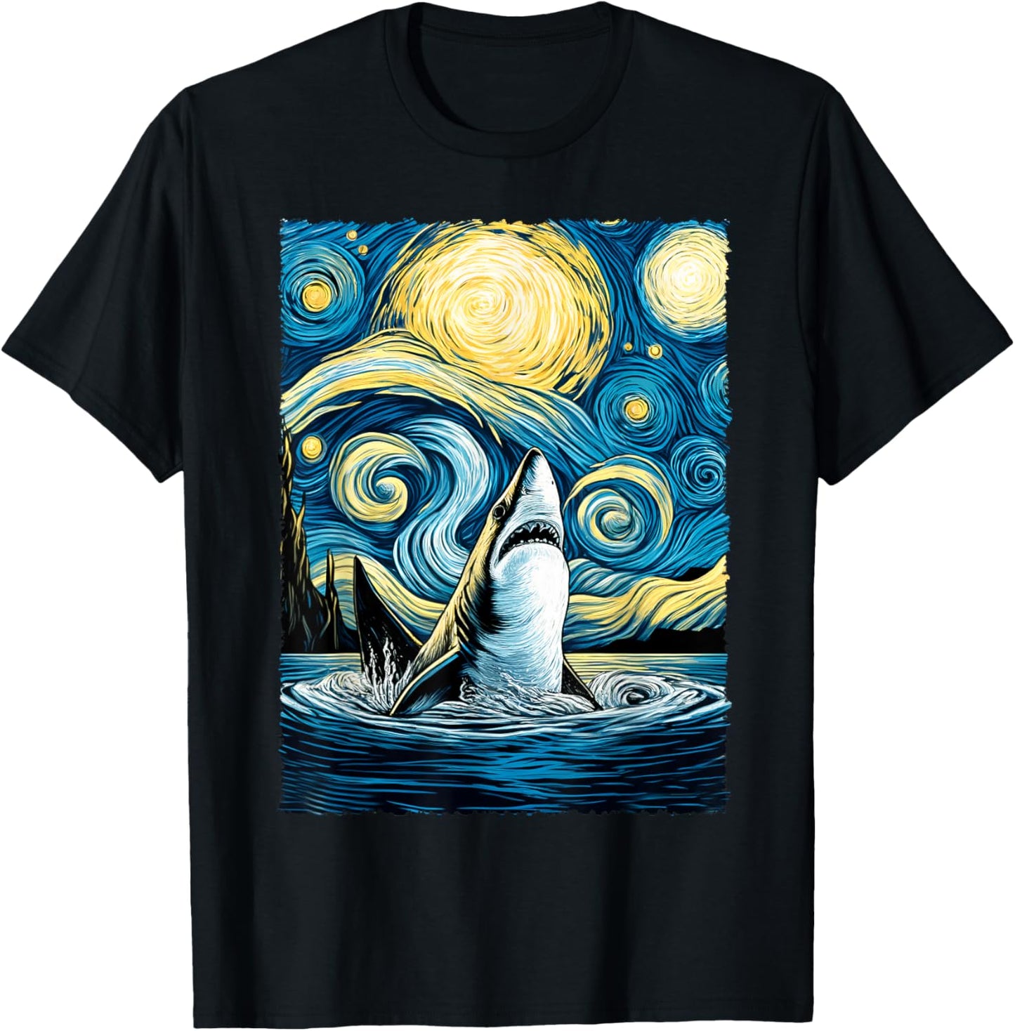 Graphic Art Shark Starry Night Drawing Artwork Cute Shark T-Shirt - T-Shirt | Black