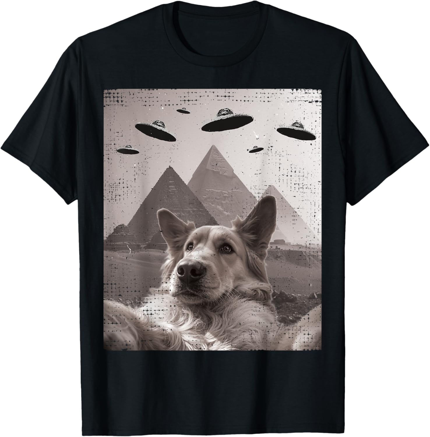 Dog UFO Meme - Funny Golden Retriever Dog Selfie with UFOs T-Shirt - T-Shirt | Black