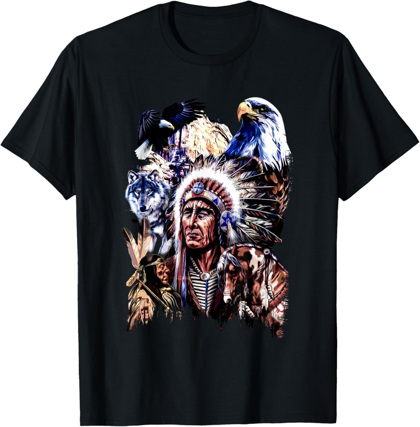 American Indigenous Art Native Indian Chief Headdress T-Shirt - T-Shirt | Black