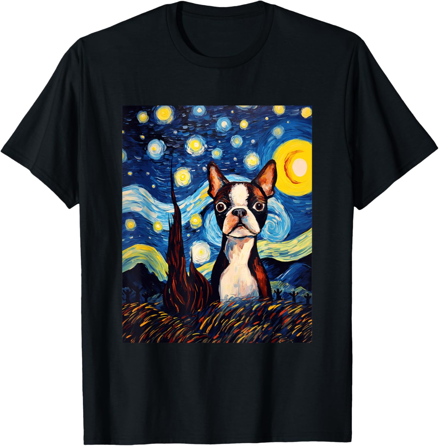 Boston Terrier Starry Night Van Gogh Art T-Shirt - T-Shirt | Black