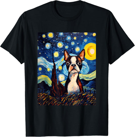 Boston Terrier Starry Night Van Gogh Art T-Shirt - T-Shirt | Black