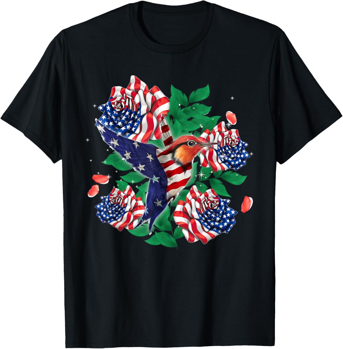 Hummingbird and Rose American Flag Patriotic 4th Of July Men T-Shirt - T-Shirt | Black