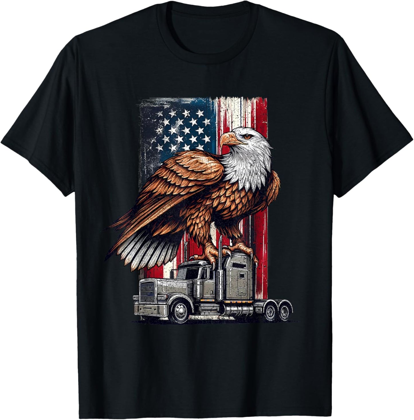 Vintage Trucking Trucker American Flag Patriotic Eagle T-Shirt - T-Shirt | Black