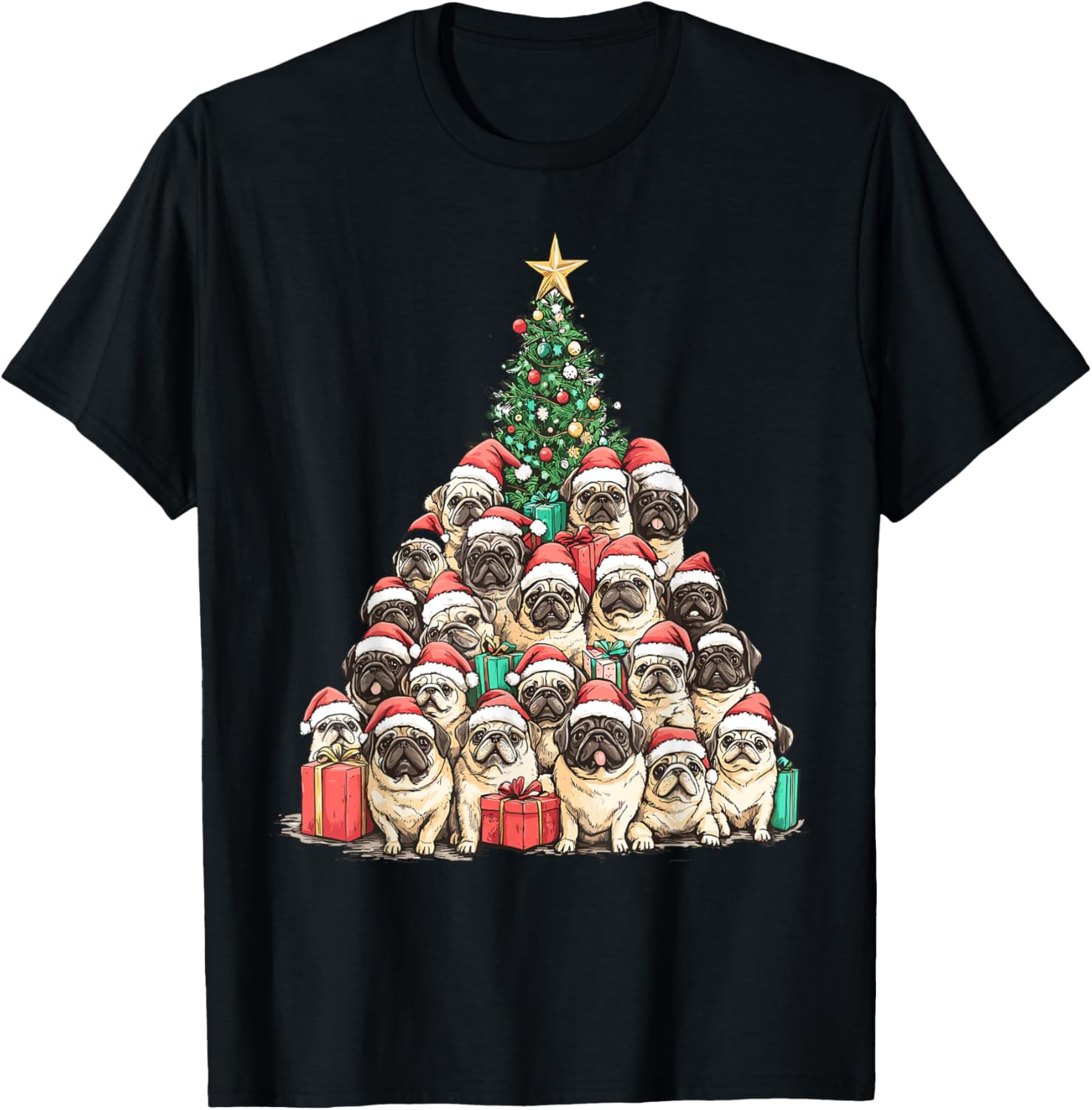Pekingese Santa Christmas Tree Funny Xmas Dog Lover Pajama T-Shirt - T-Shirt | Black