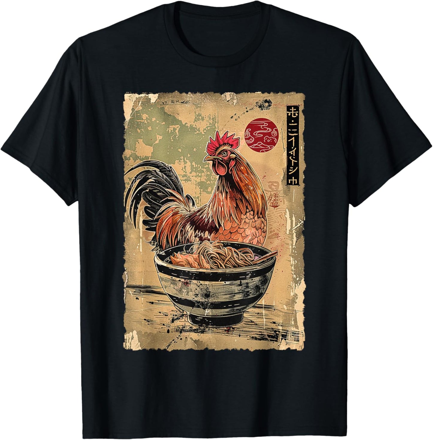 Chicken Eating Ramen Noodles Japanese Woodblock Ukiyoe Art T-Shirt - T-Shirt | Black