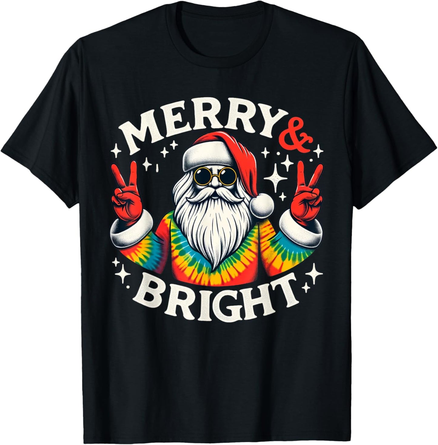 Vintage Retro Merry And Bright Hippie Santa Peace Christmas T-Shirt - T-Shirt | Black