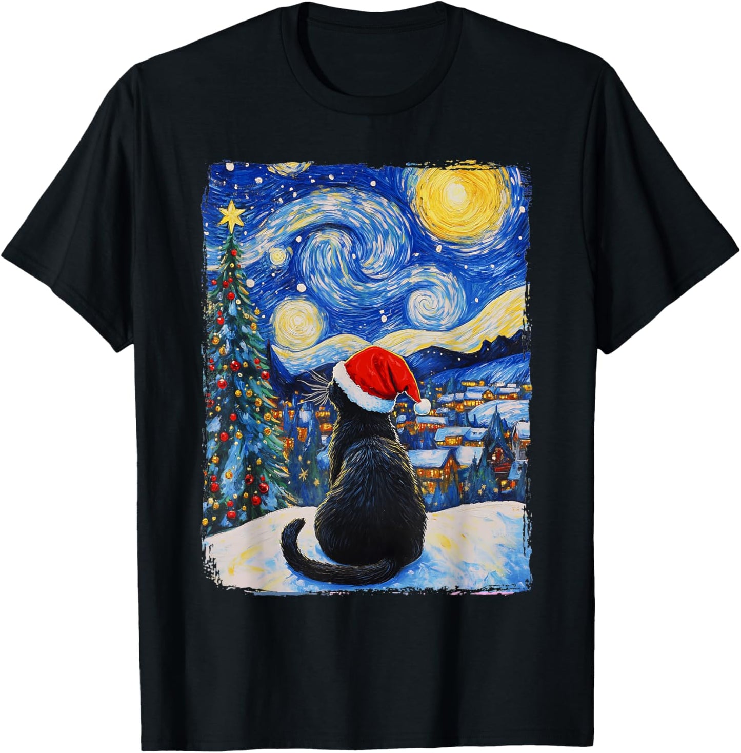 Cat Starry Night Christmas T-Shirt - T-Shirt | Black