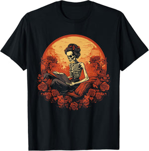Vintage Spooky Bookworm Reader Skeleton Women, Girls T-Shirt - T-Shirt | Black