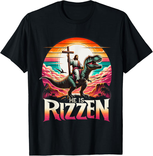 He Is Rizzen Jesus Has Rizzen Retro Christian Dinosaur T-Shirt - T-Shirt | Black