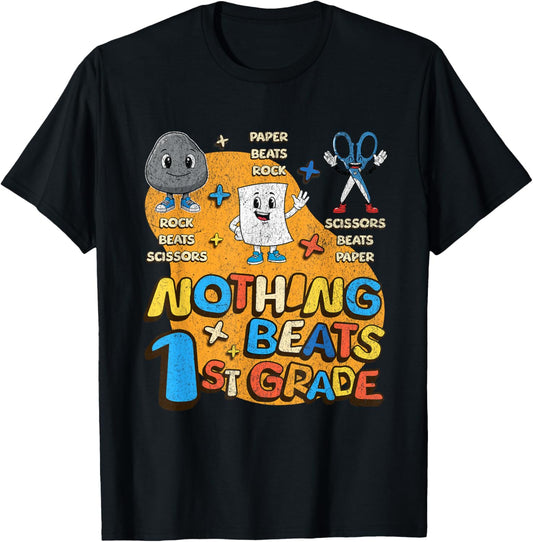 Nothing Beats 1st Grade Rock Paper Scissors Kids Teachers T-Shirt - T-Shirt | Black