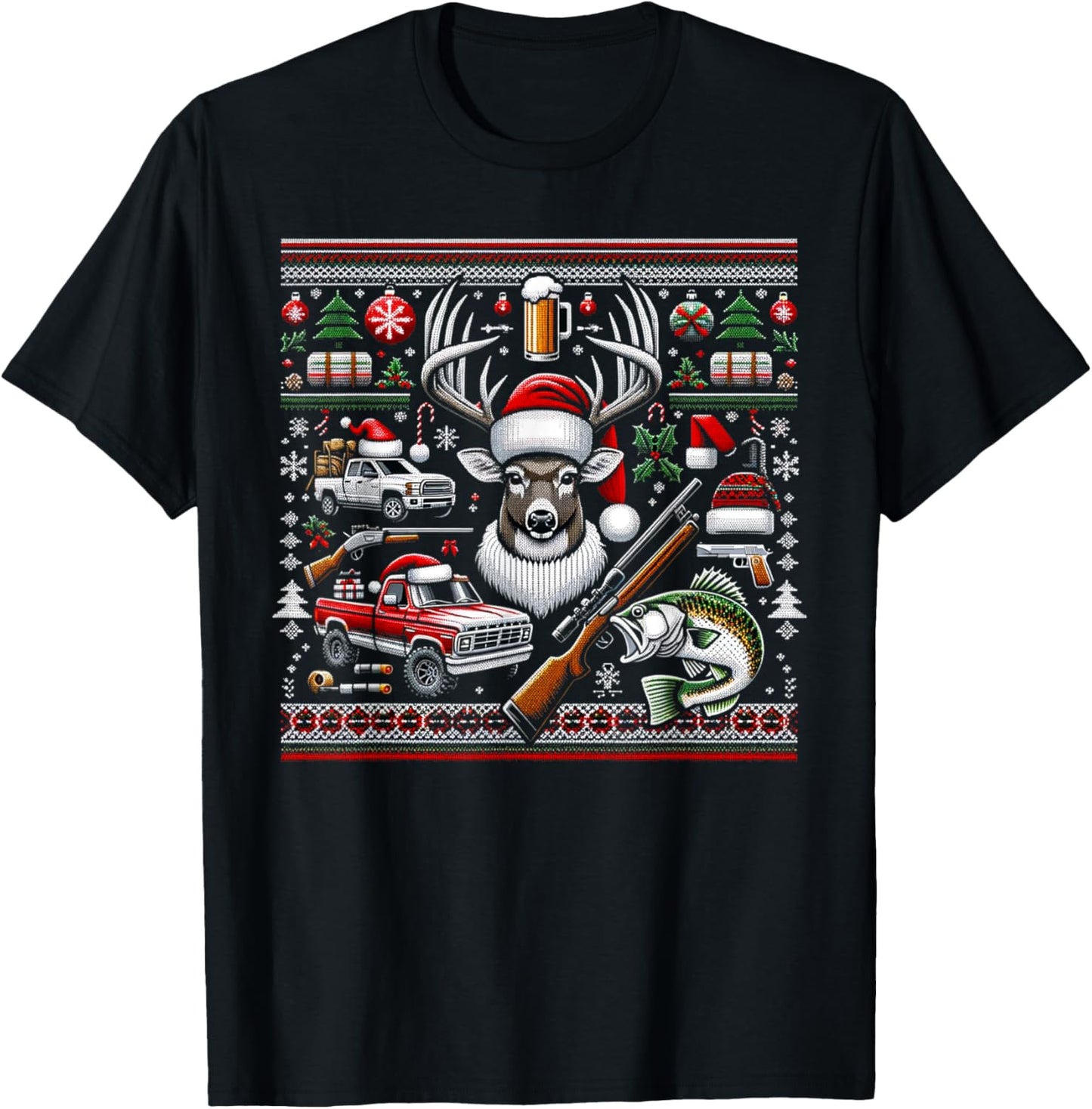 Deer Hunting Bass Fishing Redneck Ugly Christmas T-Shirt - T-Shirt | Black