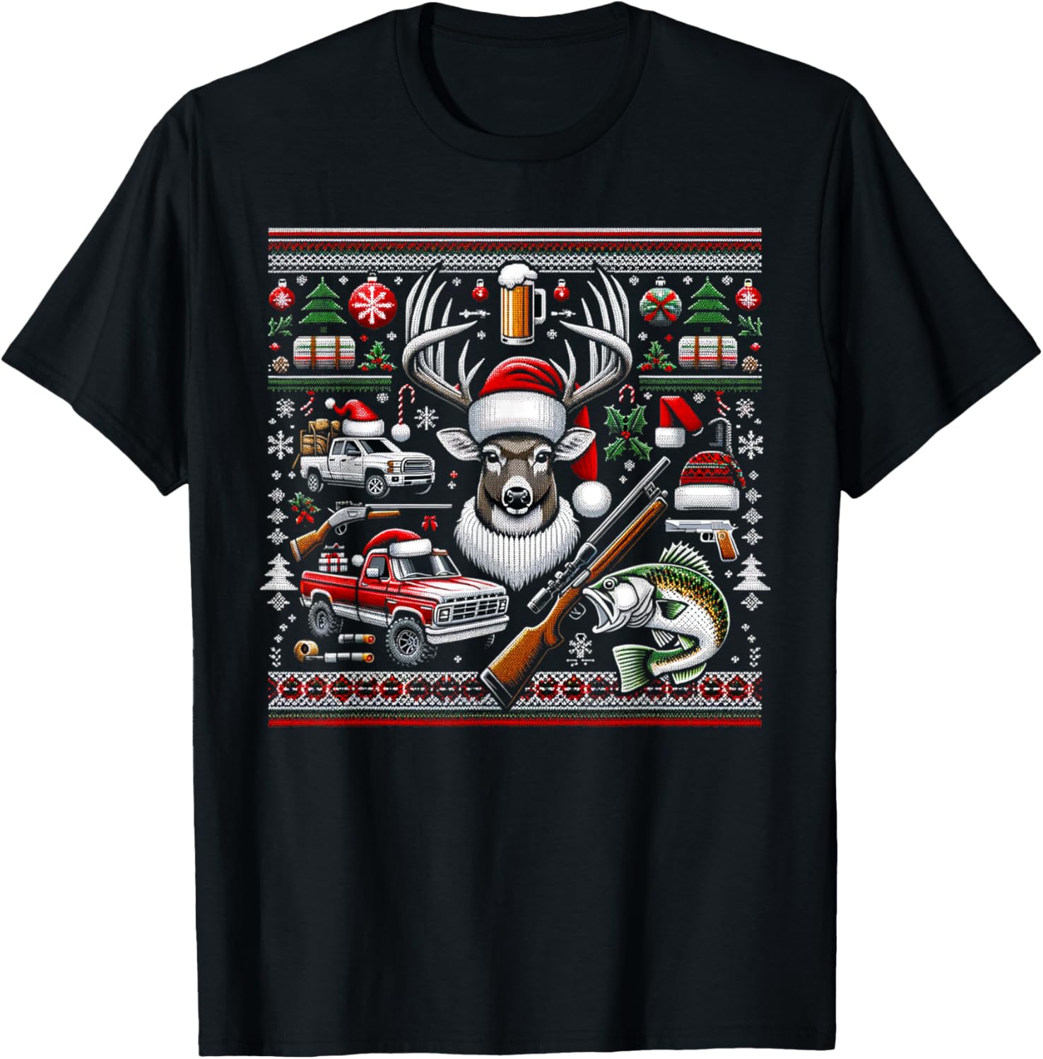 Deer Hunting Bass Fishing Redneck Ugly Christmas T-Shirt - T-Shirt | Black