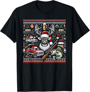 Deer Hunting Bass Fishing Redneck Ugly Christmas T-Shirt - T-Shirt | Black