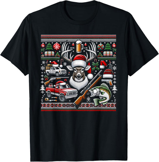 Deer Hunting Bass Fishing Redneck Ugly Christmas T-Shirt - T-Shirt | Black