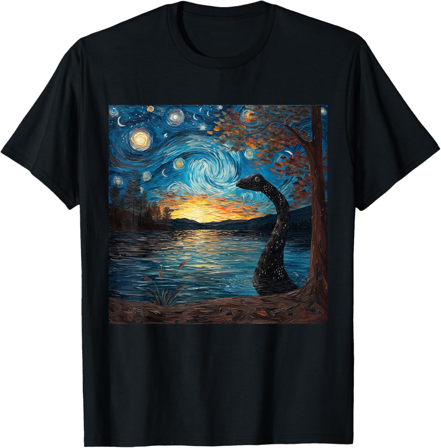 Loch Ness Monster Starry Night Van Gogh Style Nessie T-Shirt - T-Shirt | Black