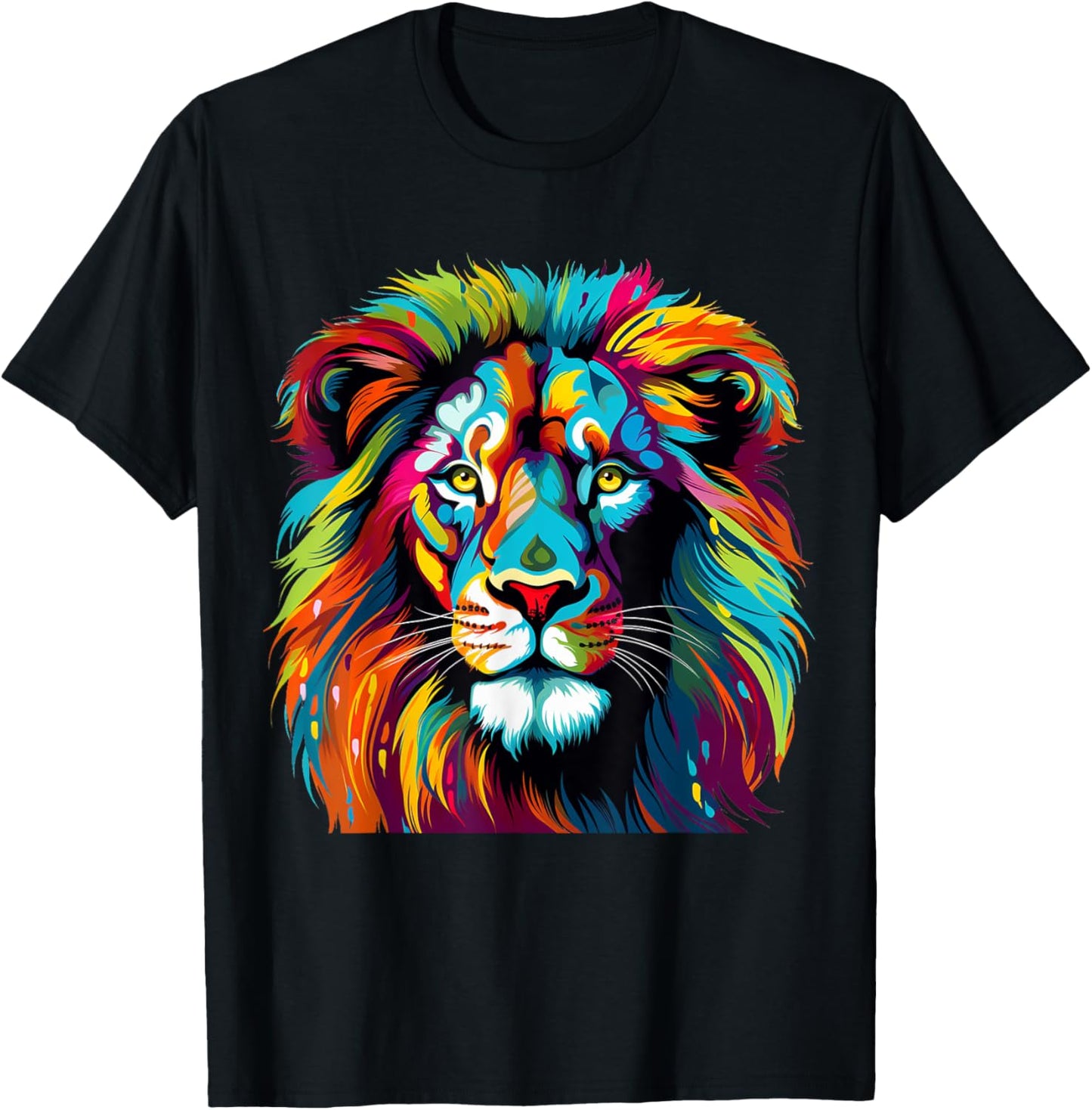 Cool Colorful Lion Portrait Graphic T-Shirt - T-Shirt | Black