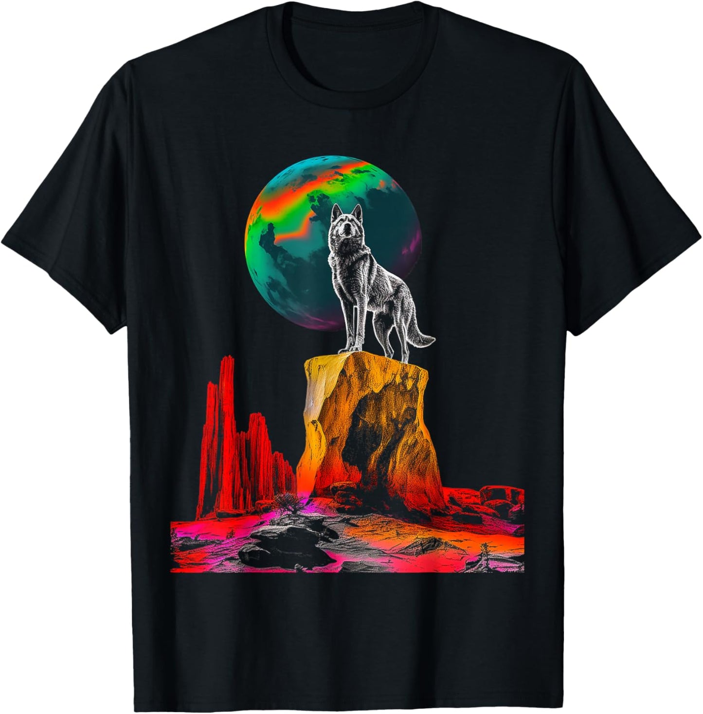 Wolf Moon Colorful Animal Nature Stones Art Wolf T-Shirt - T-Shirt | Black
