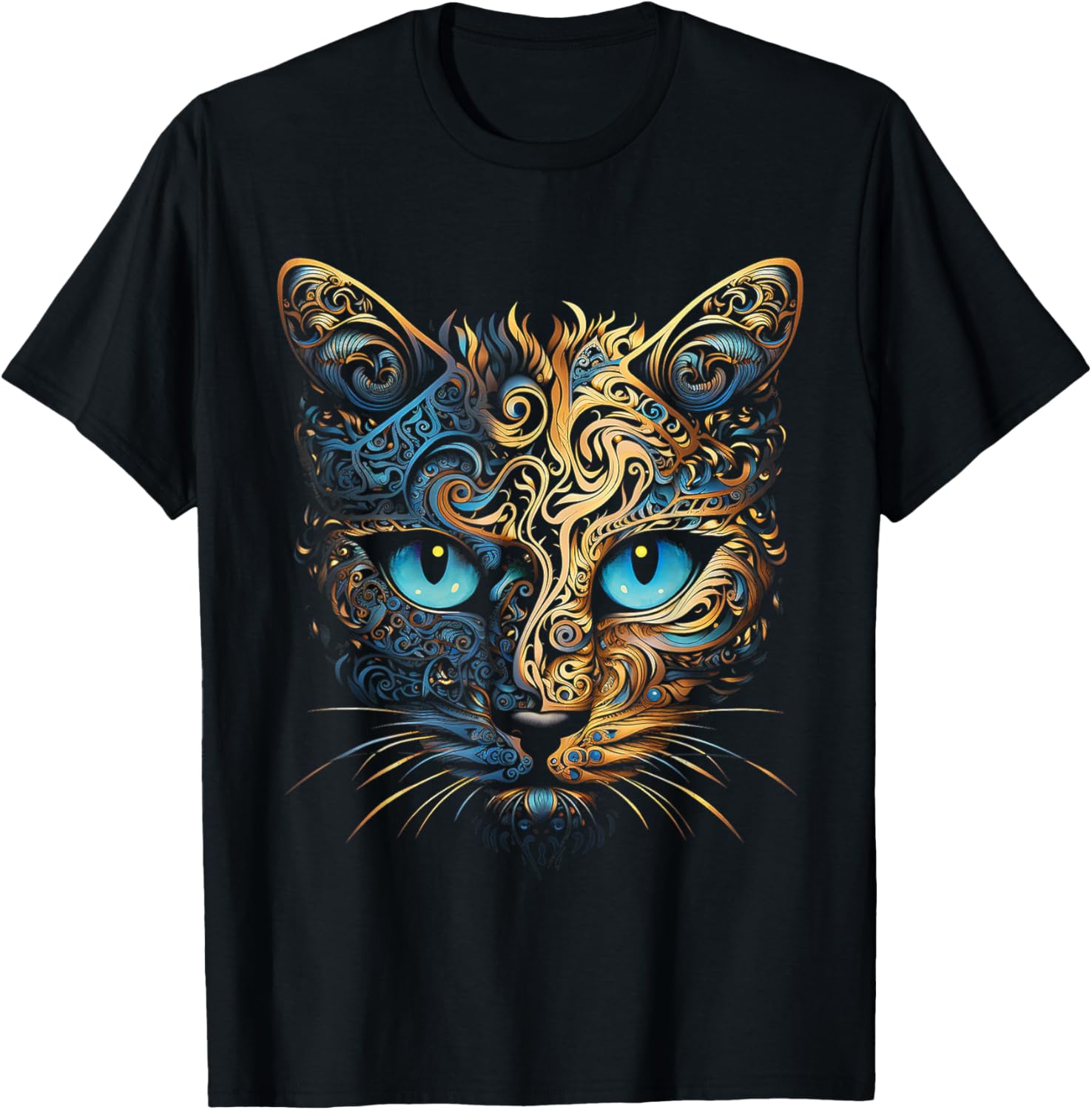 Cat Fantasy Blue Eyes Mandala Animal Art Cat T-Shirt - T-Shirt | Black