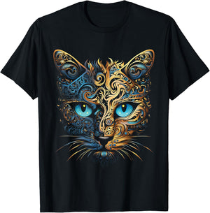 Cat Fantasy Blue Eyes Mandala Animal Art Cat T-Shirt - T-Shirt | Black