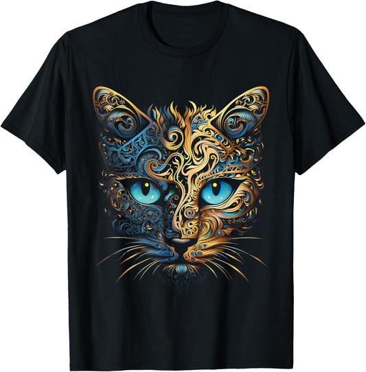 Cat Fantasy Blue Eyes Mandala Animal Art Cat T-Shirt - T-Shirt | Black