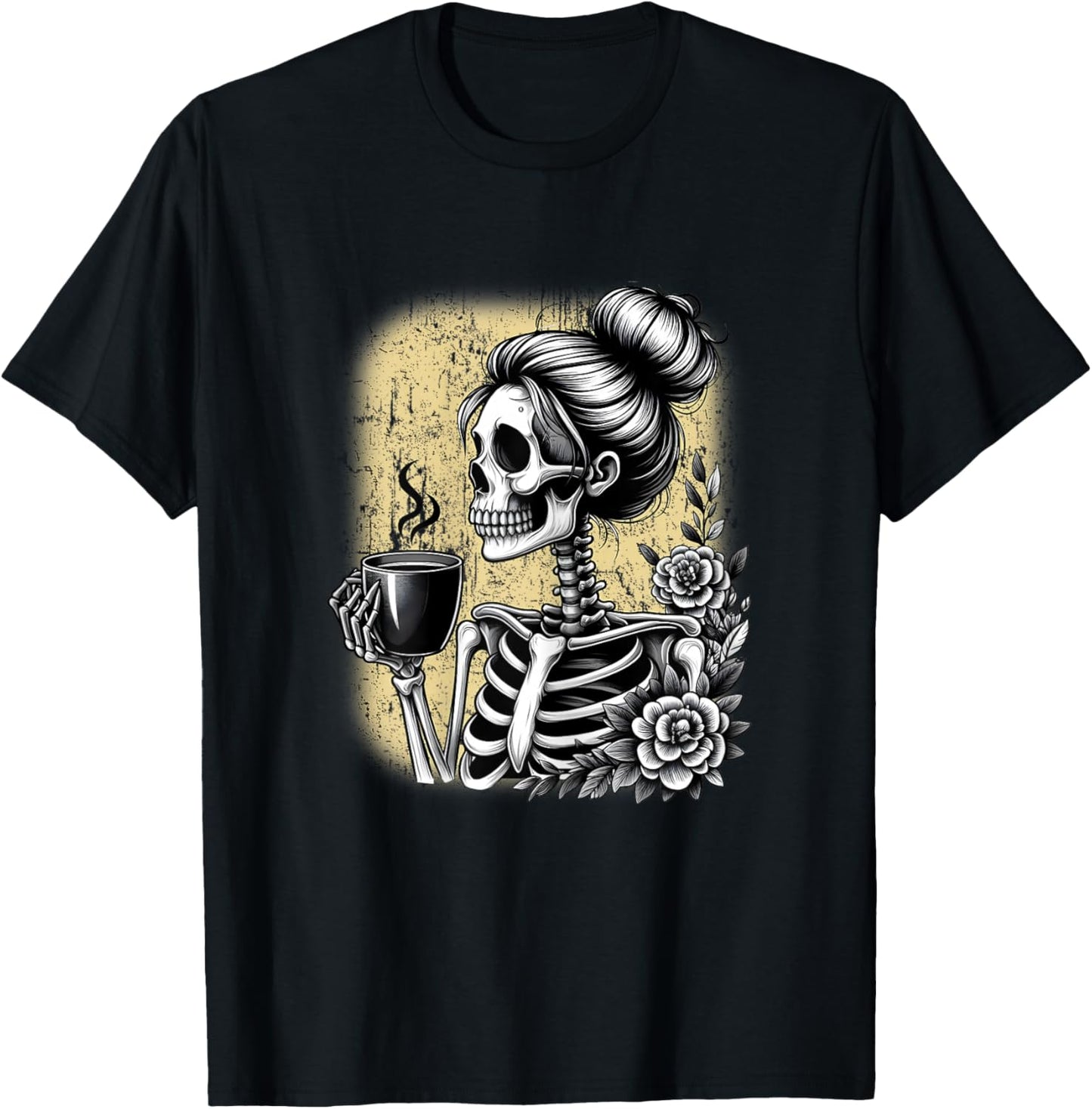 Messy Bun Skeleton Drinking Coffee Vintage Halloween Funny T-Shirt - T-Shirt | Black