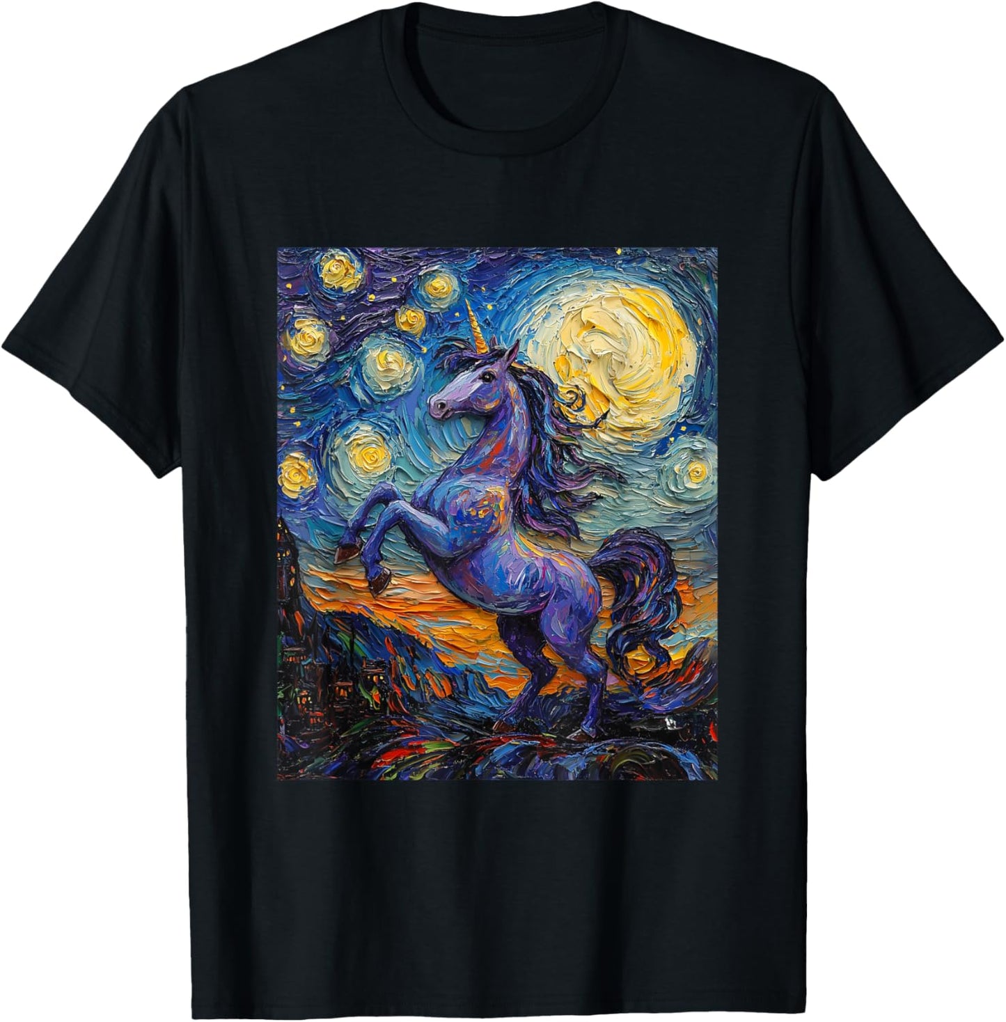 Cute Unicorn - Van Gogh Style - Starry Night T-Shirt - T-Shirt | Black