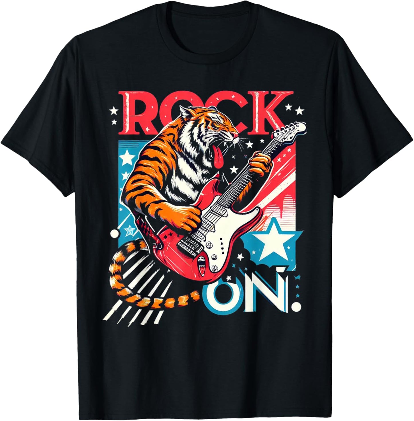 Tiger Man Rock on Playing Guitar Music Vintage Guitarist T-Shirt - T-Shirt | Black