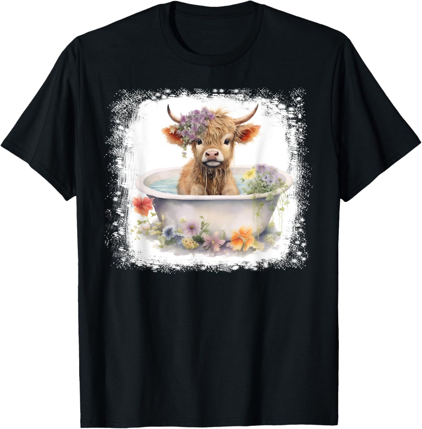 Baby Highland Cow In Bathtub Floral Flowers Women Girls T-Shirt - T-Shirt | Black
