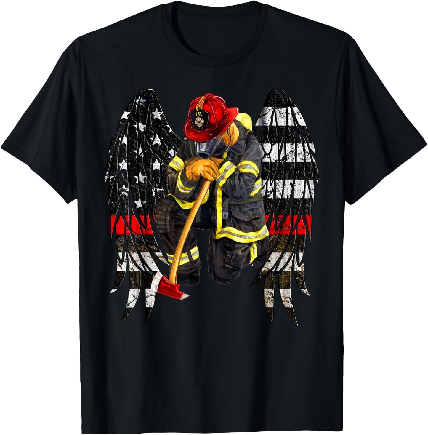 Firefighters Flag Angel Wings Gift Kneel firefighter prayer T-Shirt - T-Shirt | Black