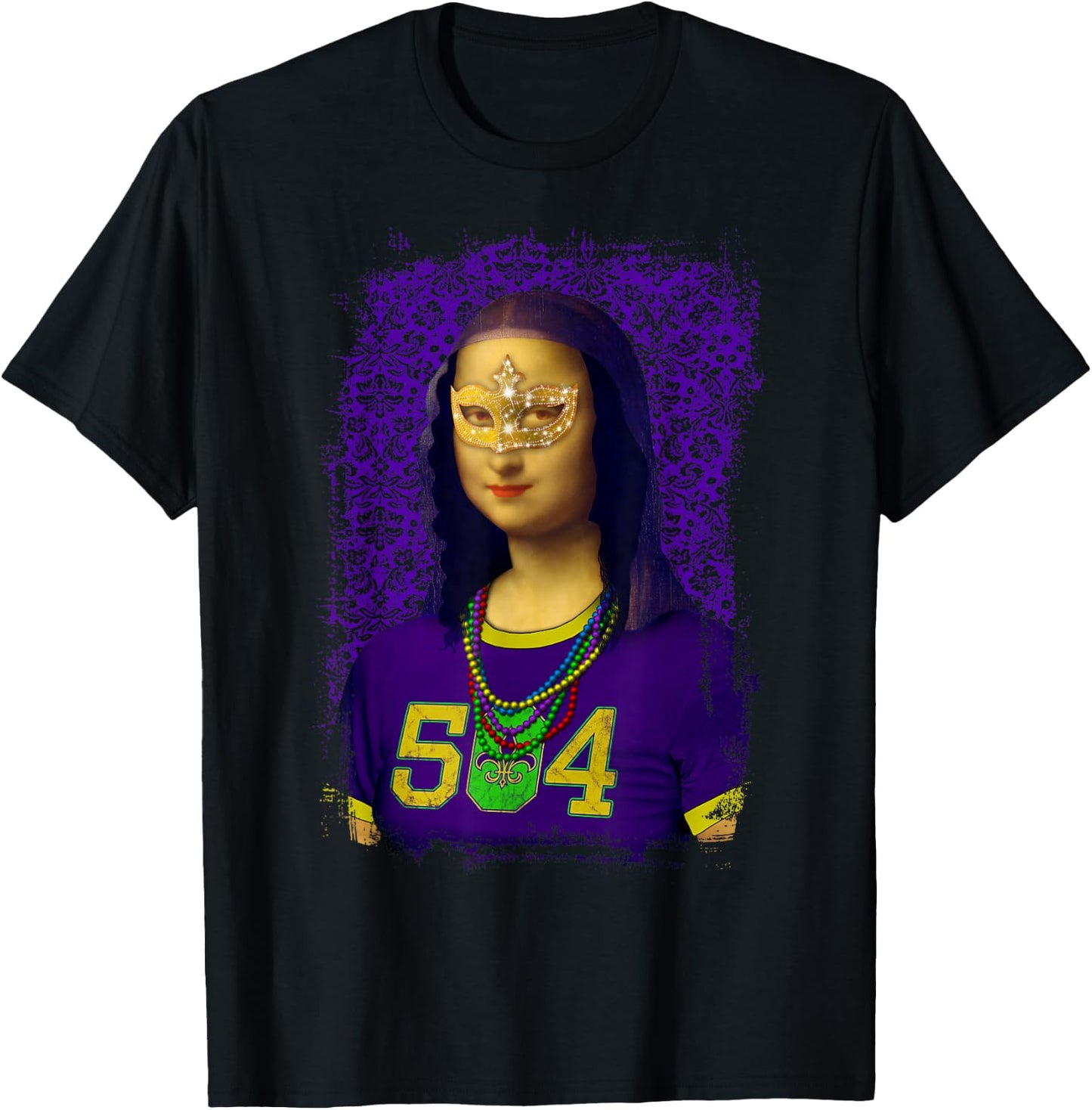 Funny 504 New Orleans Mardi Gras Mona Lisa Mashup T-Shirt - T-Shirt | Black