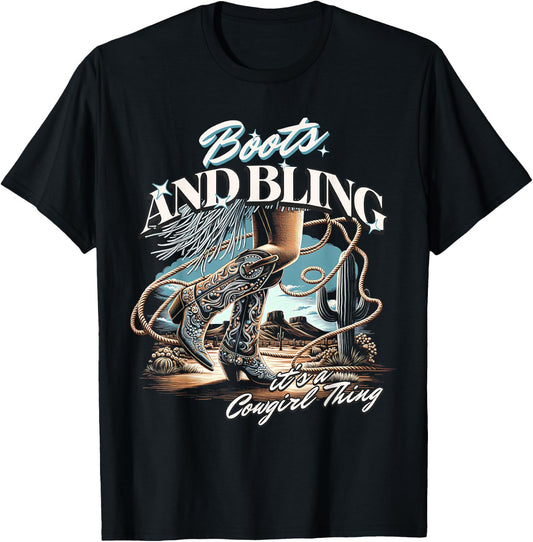 Boots & Bling its a Cowgirl Thing Cowgirl Melanin Rodeo T-Shirt - T-Shirt | Black