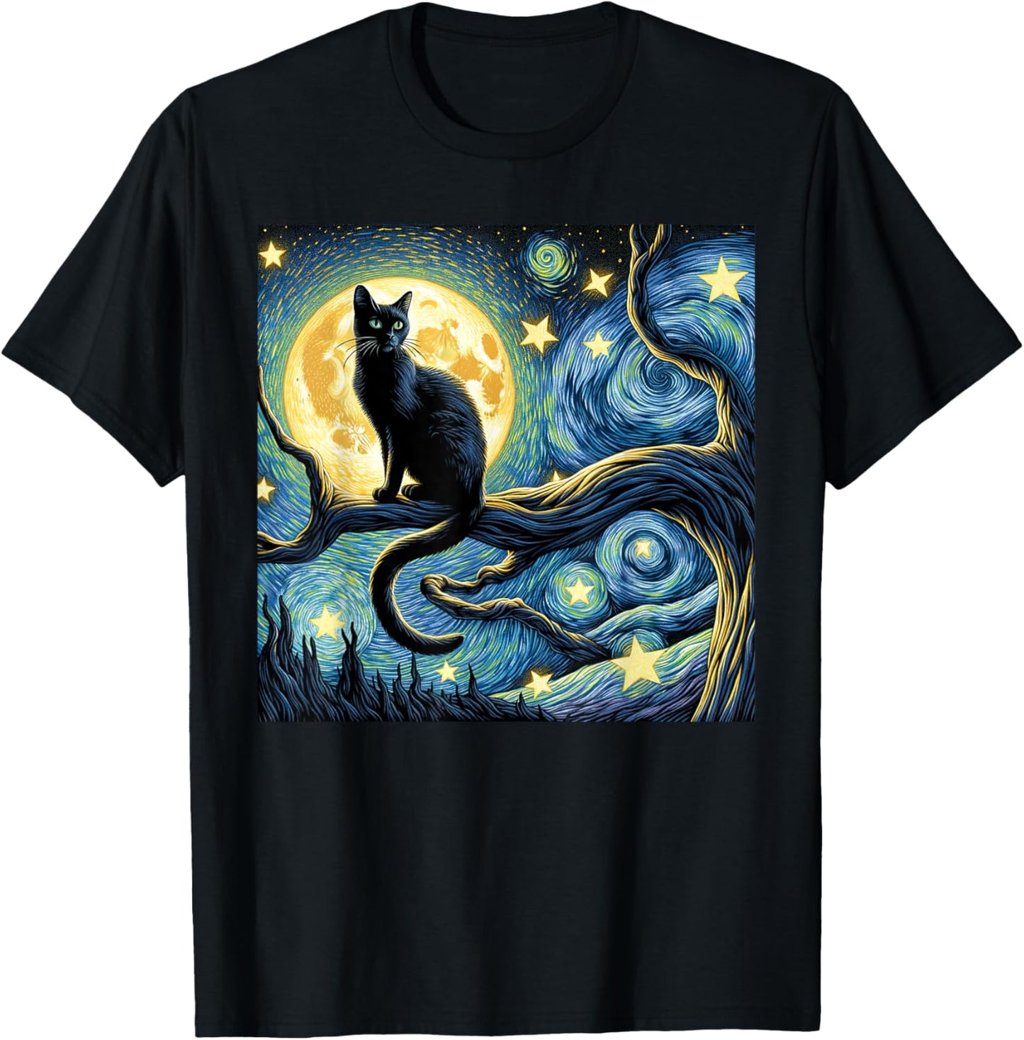 Cat Starry Night Van Gogh Cat Art Funny T-Shirt - T-Shirt | Black