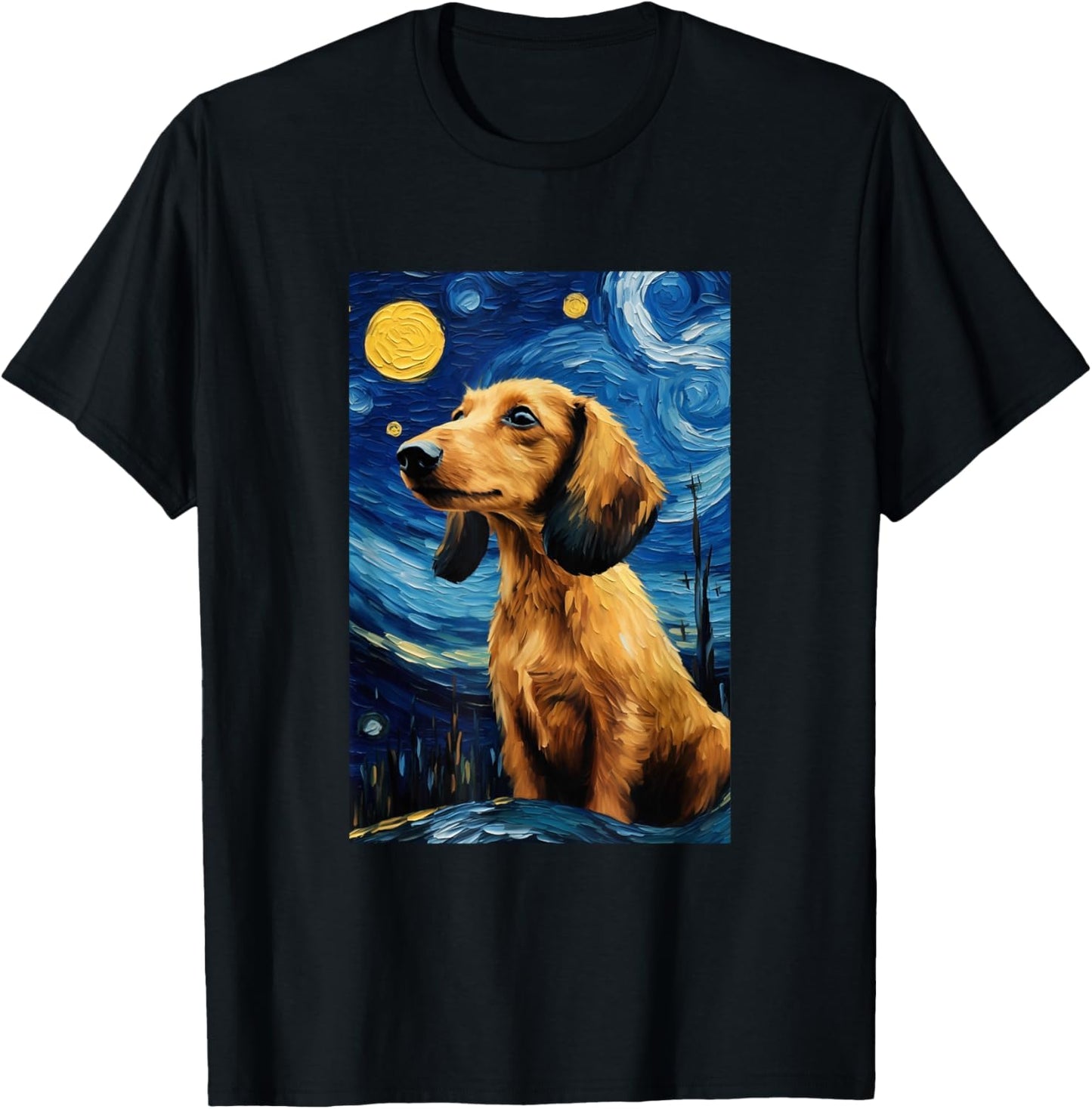 Cute Dachshund Dog Doggy - Van Gogh Style - Starry Night T-Shirt - T-Shirt | Black