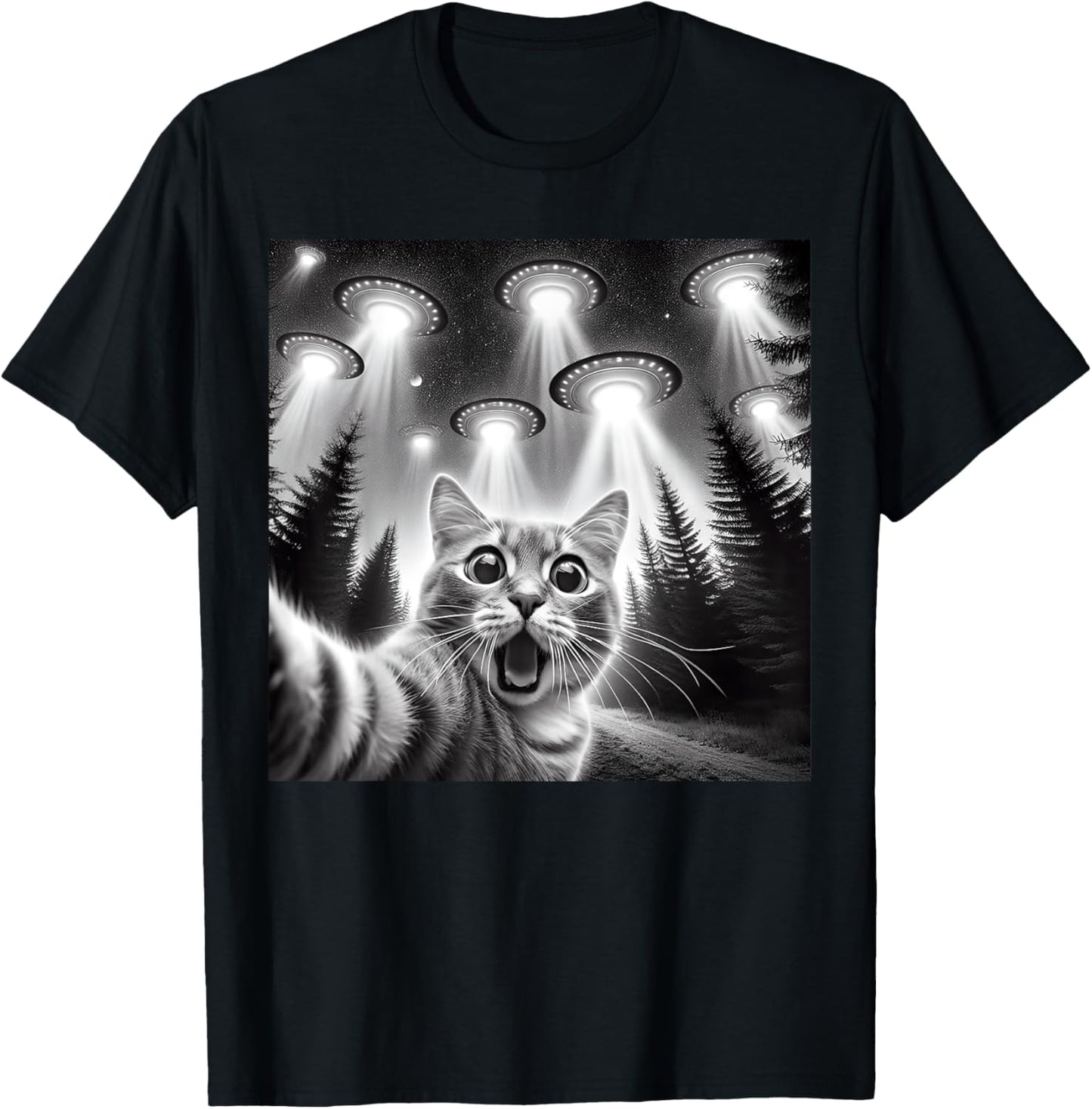 Cat Selfie With Alien UFO Funny Cat Gifts Women Kids T-Shirt - T-Shirt | Black