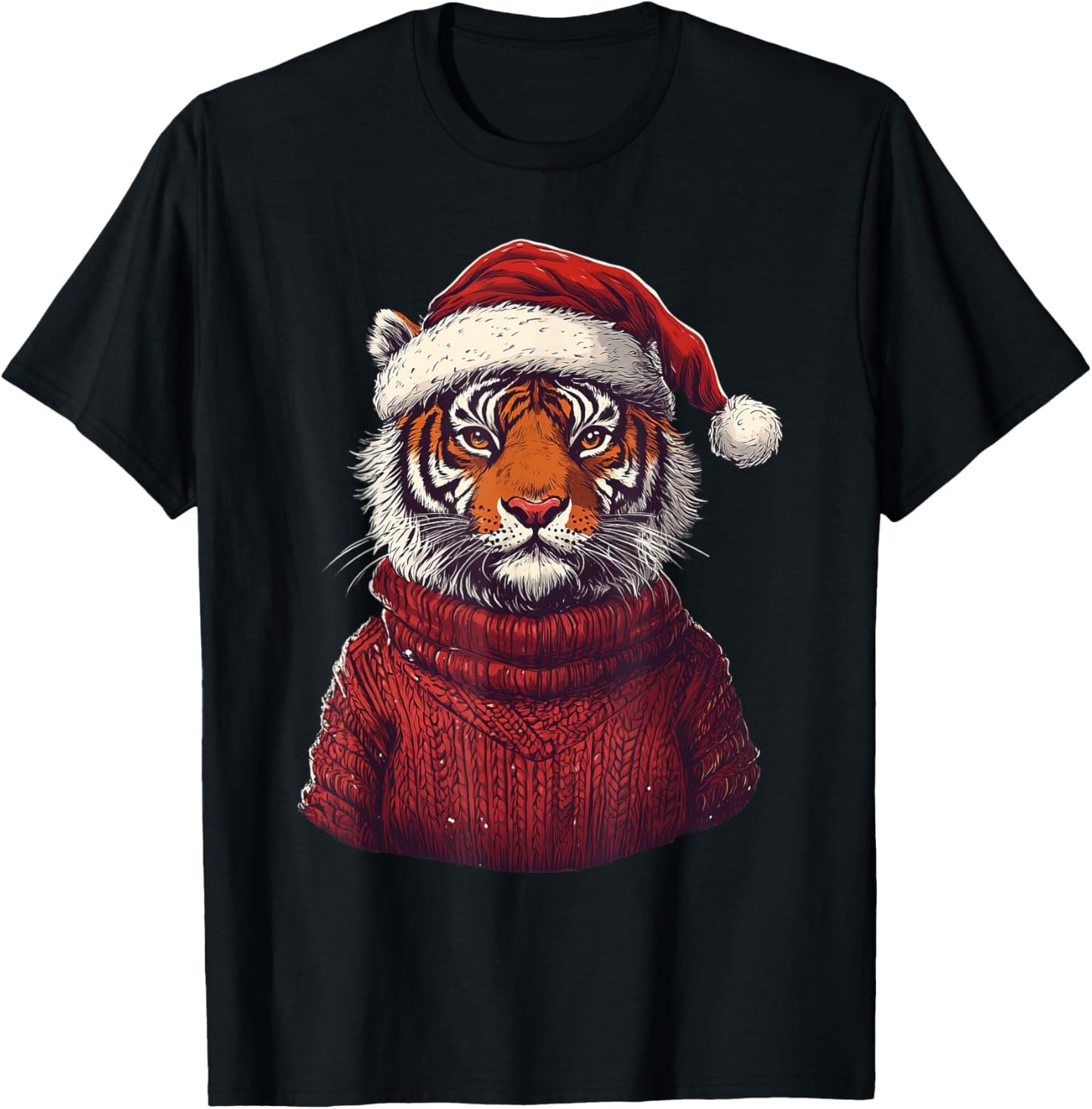 Tiger Ugly Sweater Santa Hat Christmas T-Shirt - T-Shirt | Black