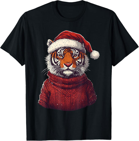 Tiger Ugly Sweater Santa Hat Christmas T-Shirt - T-Shirt | Black