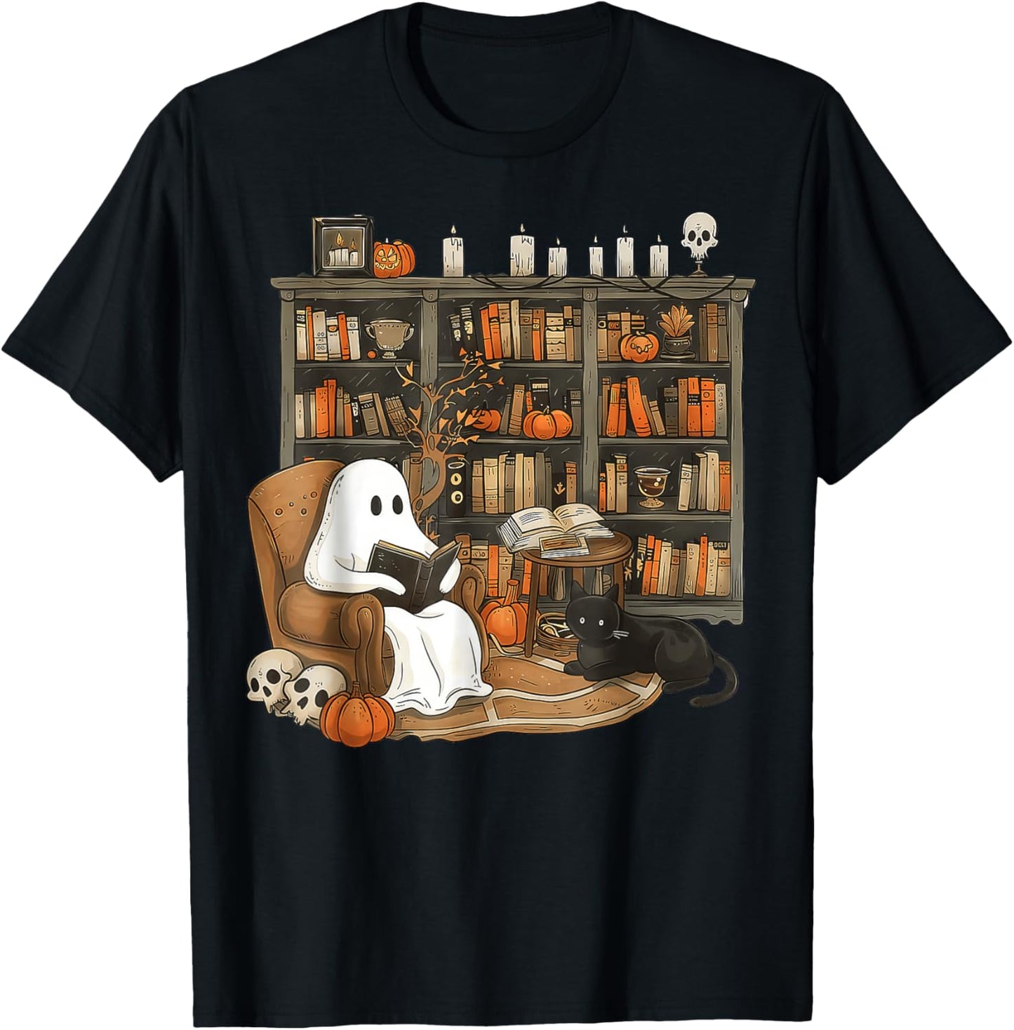 Retro Ghost Reading Books cat, Librarian Ghost Halloween T-Shirt - T-Shirt | Black