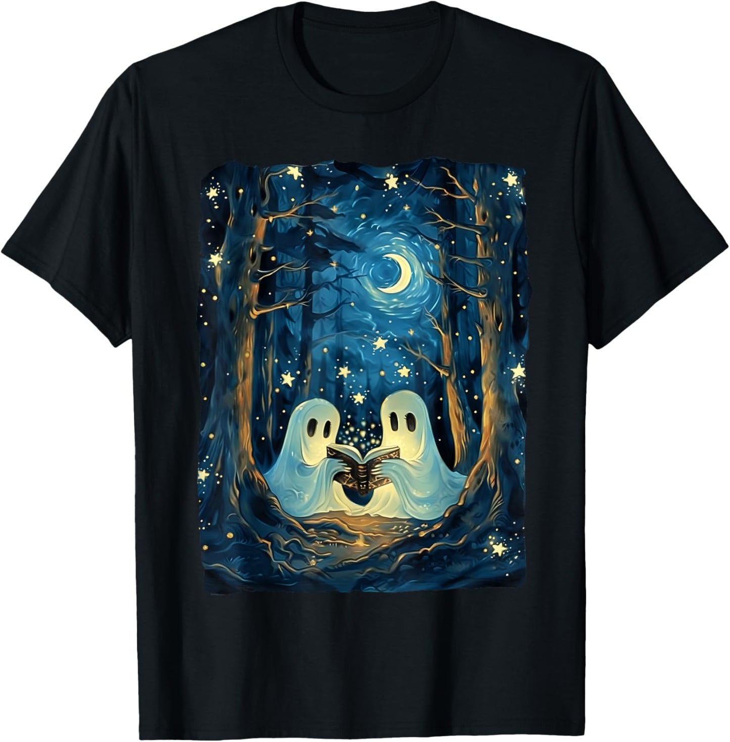 Starry Night Ghost Book Reading Camping Halloween Van Gogh T-Shirt - T-Shirt | Black
