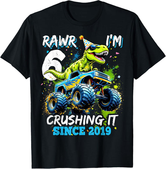 6th Birthday Monster Truck Dinosaur Party Boys Rawr I'm 6 T-Shirt - T-Shirt | Black