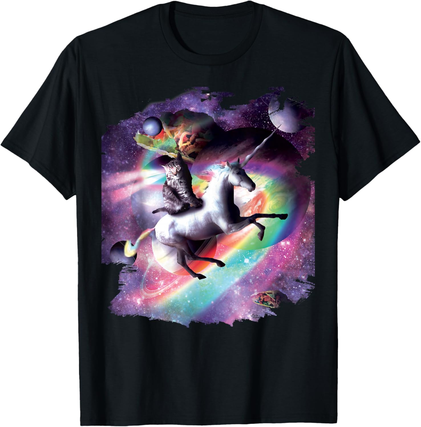 Cat Riding Unicorn In Space T-Shirt - T-Shirt | Black