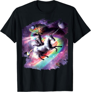 Cat Riding Unicorn In Space T-Shirt - T-Shirt | Black