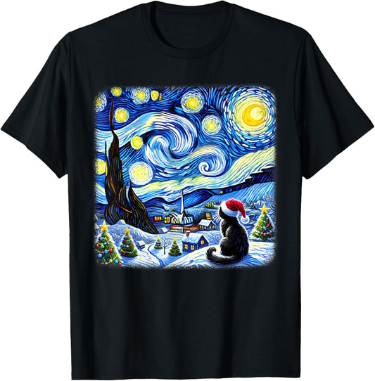 Christmas Van Gogh Starry Night Black Cat Santa Hat Xmas T-Shirt - T-Shirt | Black