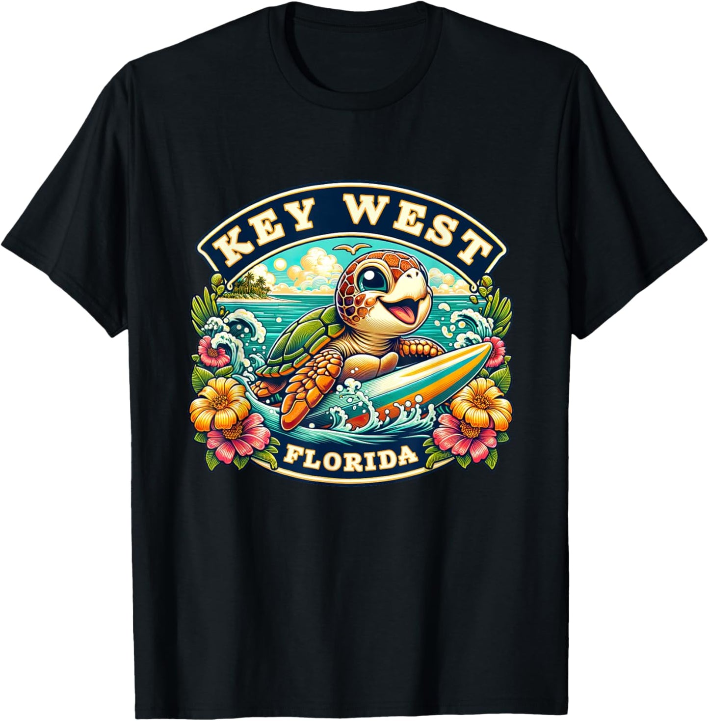 Key West Florida Cute Sea Turtle Surfing T-Shirt - T-Shirt | Black