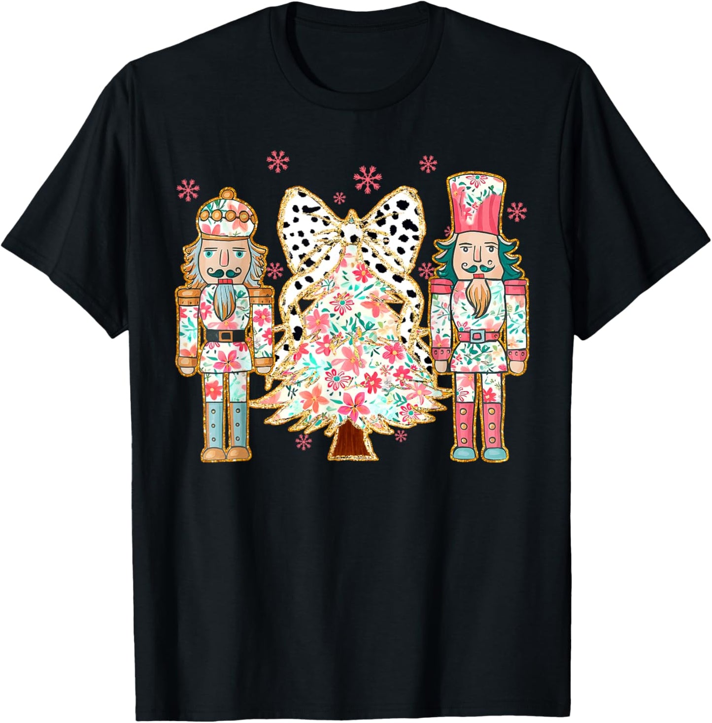 Colorful Coquette Bow Floral Nutcracker Christmas Tree Girly T-Shirt - T-Shirt | Black