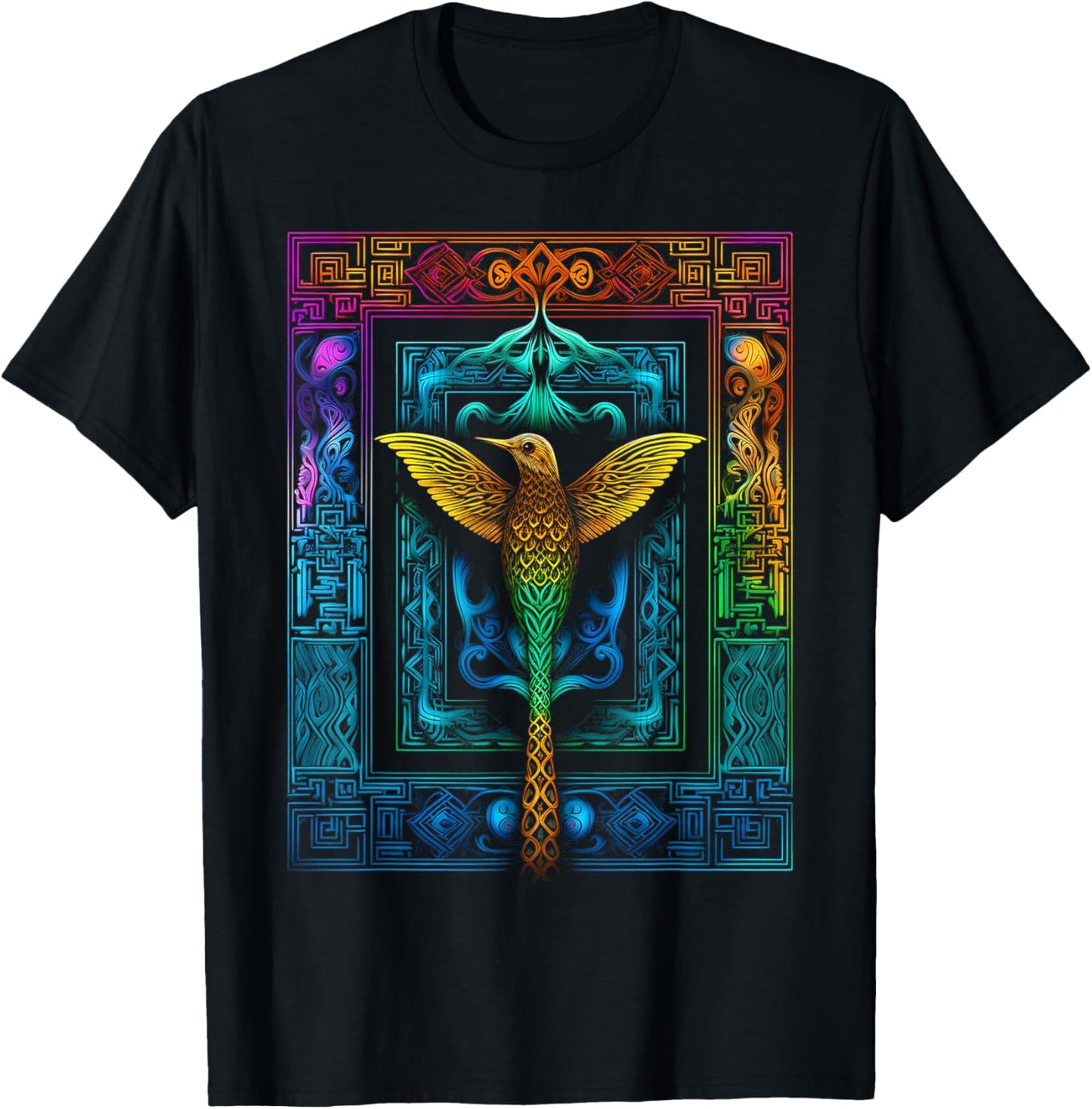 Hummingbird Colorful Mandala Animal Art Bird T-Shirt - T-Shirt | Black
